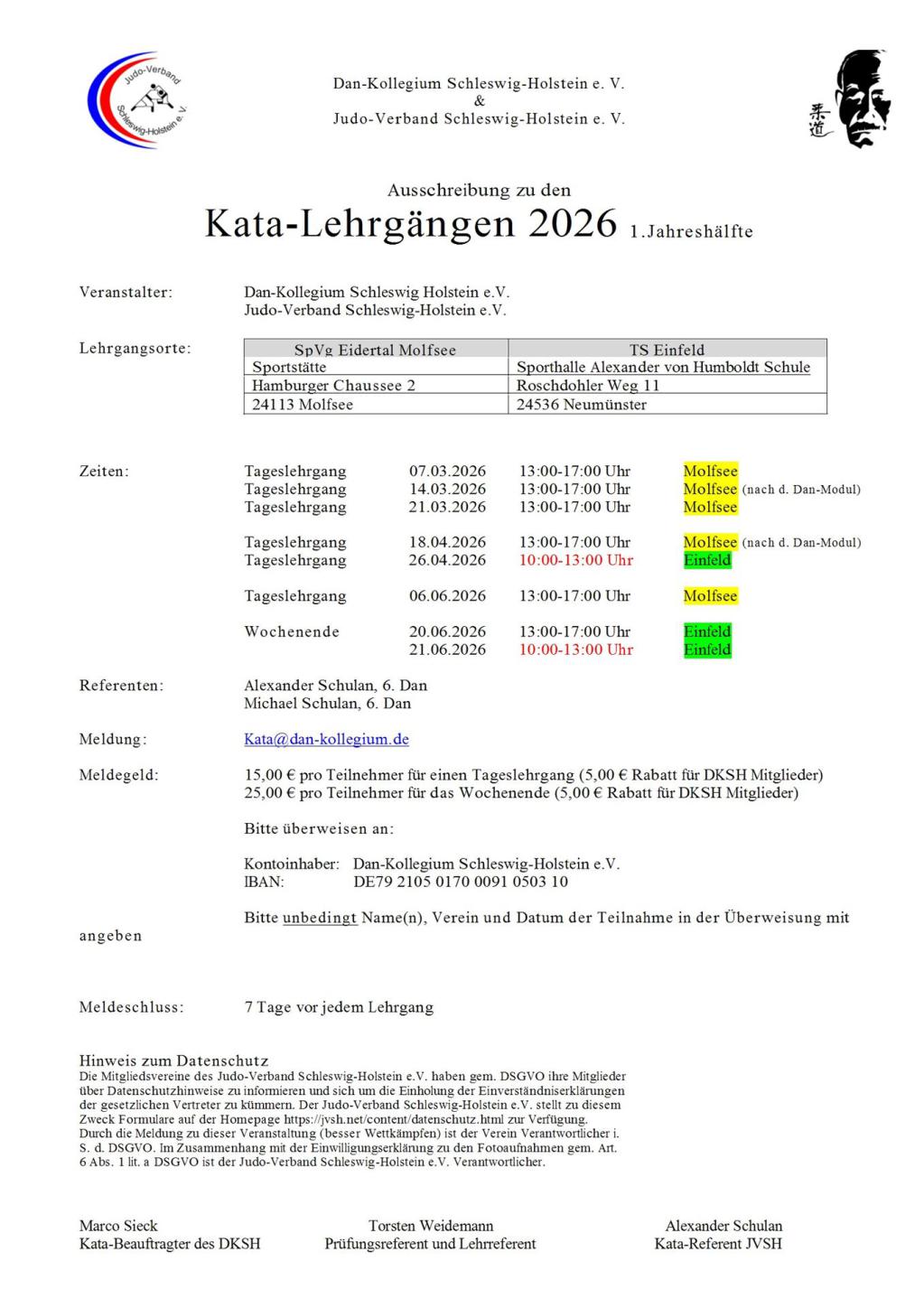Ausschreibung Kata-Lehrgänge 2026-I